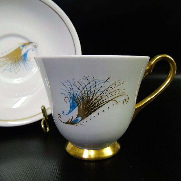 1950's Windsor Caribbean TEA CUP & SAUCER Mid Century Gold Blue Feathers England - Picture 6 of 10